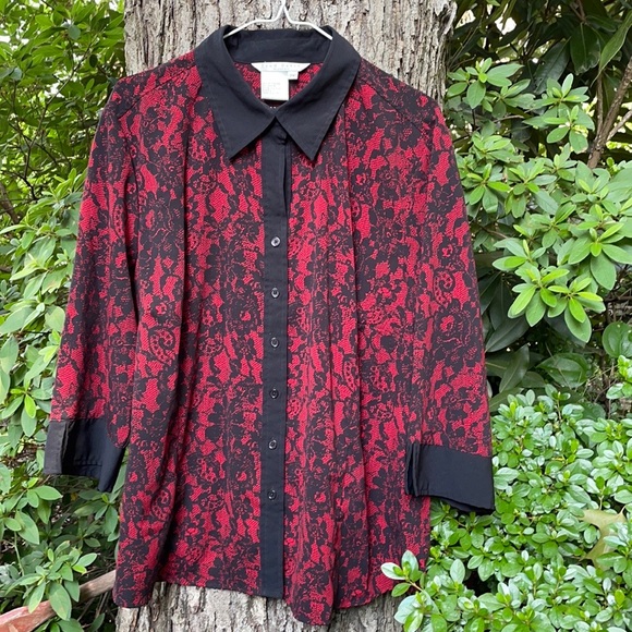 Fred David Woman Black Red Floral Lace Design Button Up Down SS Blouse Cuff 2X - Picture 5 of 13
